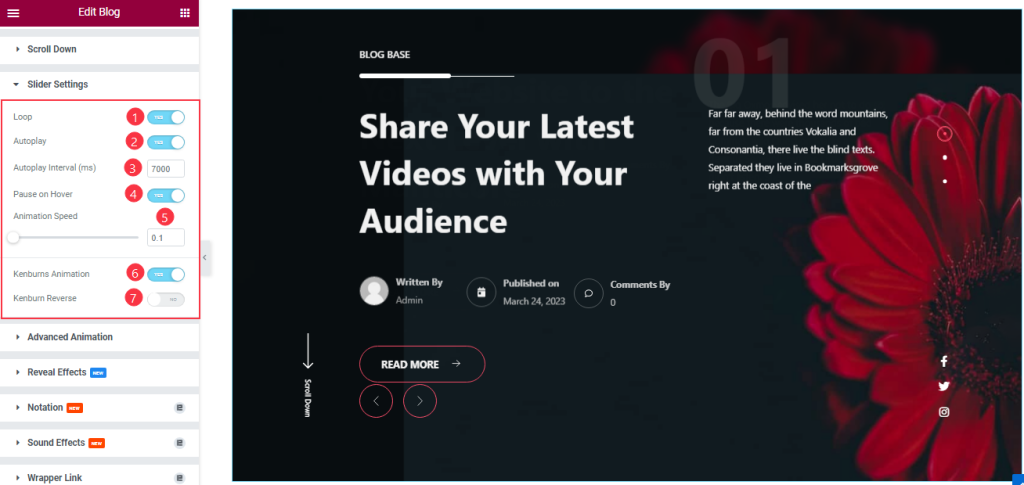How To Use The Blog Base Slider Widget By Prime Slider 11 sliders settings - BdThemes