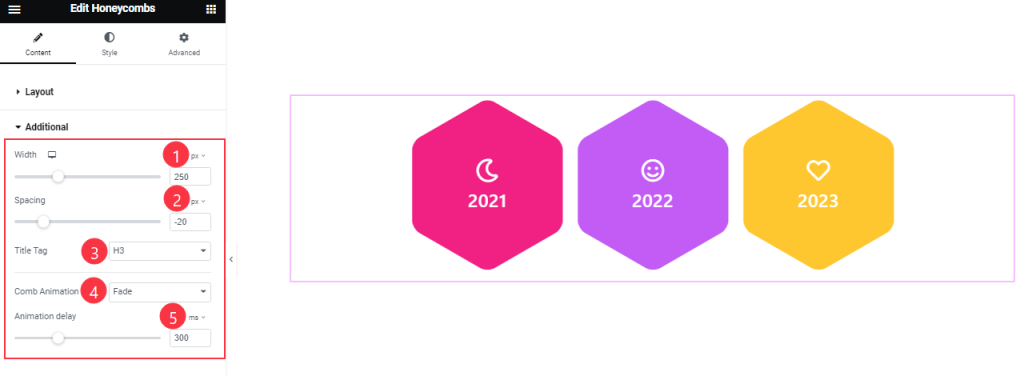 How To Use The Honeycombs Widget By Element Pack Pro 5 The image is showing the additional settings such as width, spacing, title tag, Content Animation Type, and Animation delay options to customize the honeycombs