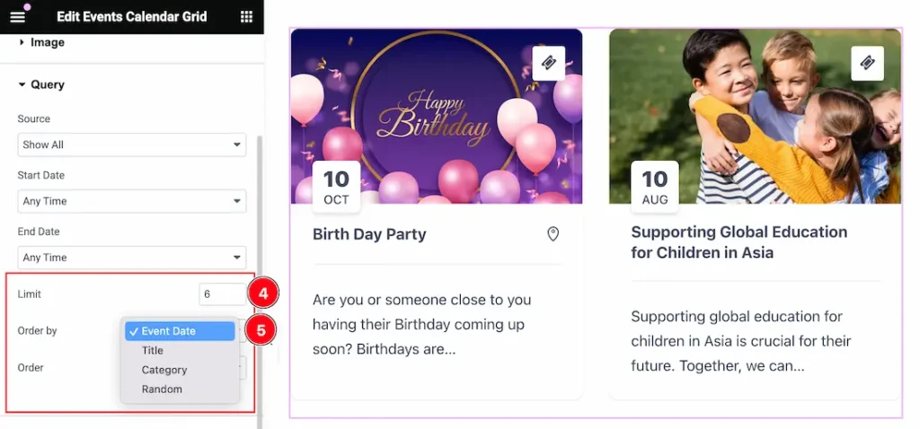 How To Use Events Calendar Grid Widget By Element Pack 13 Orderby - BdThemes